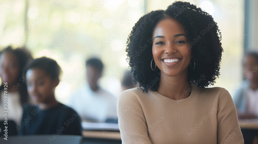 cheerful African American adult education teacher standing with her students in a contemporary classroom, promoting collaborative education. photo cheerful African American adult education teacher standing with her students in a contemporary classroom, promoting collaborative education. photo