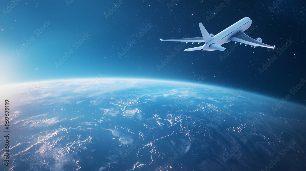 airplane in motion around a blue planet Earth, representing the journey of international travel, global airline routes, and exploring the world. Suitable for promoting global touri airplane in motion around a blue planet Earth, representing the journey of international travel, global airline routes, and exploring the world. Suitable for promoting global touri