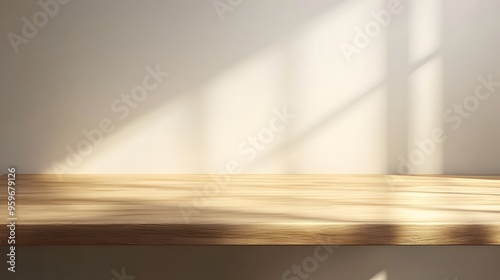 A beautiful, empty wooden tabletop counter in a clean, bright interior, ready for display or product montage.