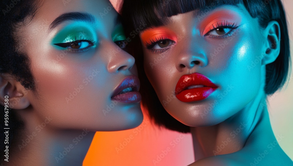 Obraz premium close-up photo of two women model with colorful makeup, each representing different ethnicities and styles