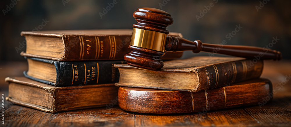 Law and justice represented by a mallet gavel, scales of justice, and books in a courtroom setting. Law and justice represented by a mallet gavel, scales of justice, and books in a courtroom setting.