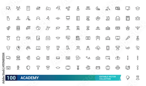 Academic line icon set, pixel perfect icons. Modern style of school icons. Education, science, and online learning. Editable stroke icons.