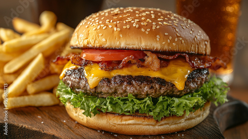 A close-up of a juicy cheeseburger with melted cheddar, crispy bacon, lettuce, and tomato photo