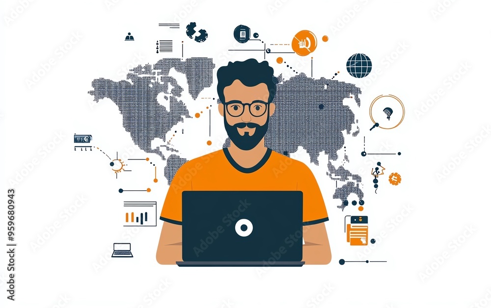 Illustration of technical support customer service, featuring a software engineer with a laptop, global network, and digital system service elements Illustration of technical support customer service, featuring a software engineer with a laptop, global network, and digital system service elements
