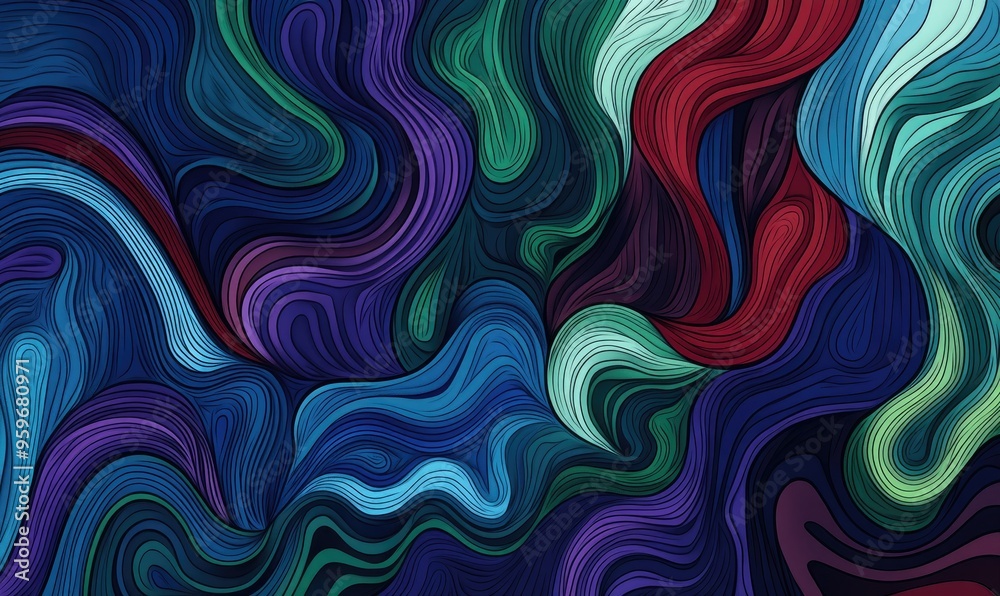 Abstract line art illustration featuring a design in various shades of blue maroon and green Abstract line art illustration featuring a design in various shades of blue maroon and green