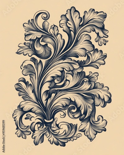 Vintage baroque ornament line art illustration featuring a retro pattern in antique style with decorative filigree and acanthus elements photo