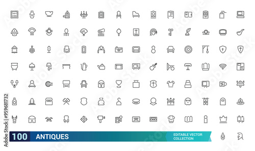 Set of thin line antiques icons. Pixel perfect, editable stroke, up scalable square line vector icon set. Editable stroke icons.