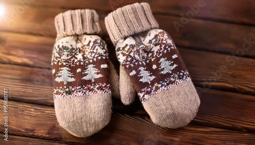 Warm knitted wnter mittens on wooden table photo