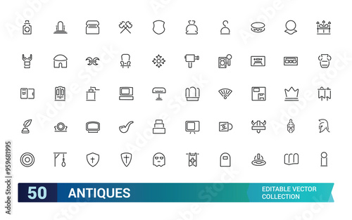 Set of thin line antiques icons. Pixel perfect, editable stroke, up scalable square line vector icon set. Editable stroke icons.