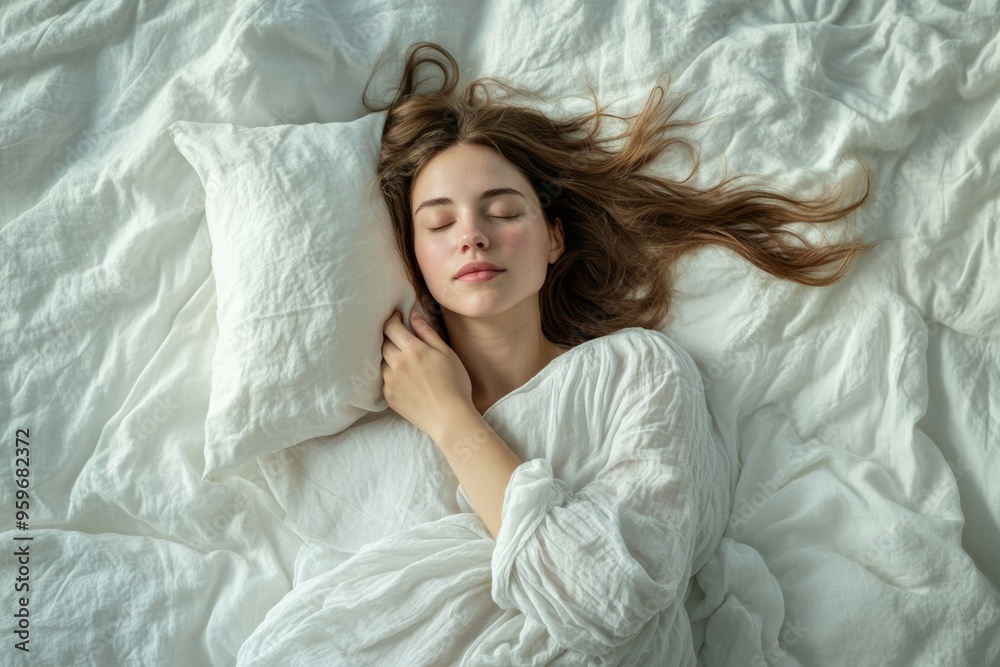 Naklejka premium A peaceful woman enjoys a restful sleep on soft white sheets. The cozy atmosphere enhances relaxation. Perfect for wellness themes and lifestyle designs. Generative AI