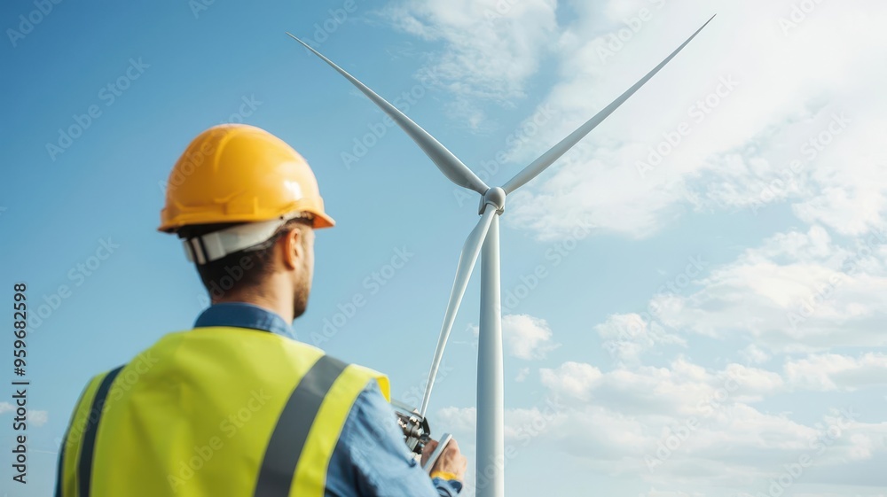 Engineer checking wind turbine efficiency with specialized equipment, simple design, tech palette Engineer checking wind turbine efficiency with specialized equipment, simple design, tech palette