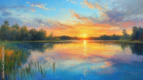 Oil painting capturing a serene sunset over a tranquil lake showcasing vibrant colors and a peaceful atmosphere