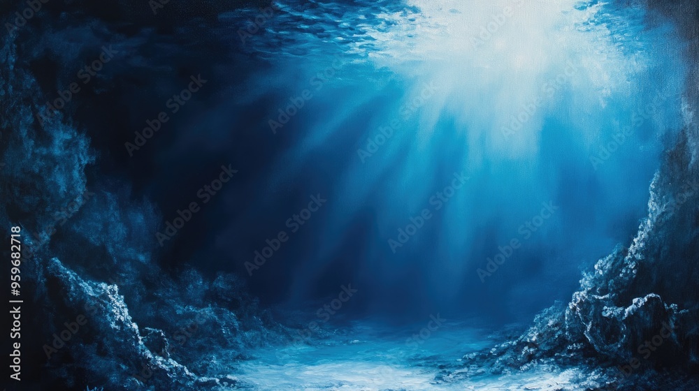 Naklejka premium Oil painting depicting an underwater scene in a deep abyss illuminated by blue sunlight showcasing the serene aquatic environment