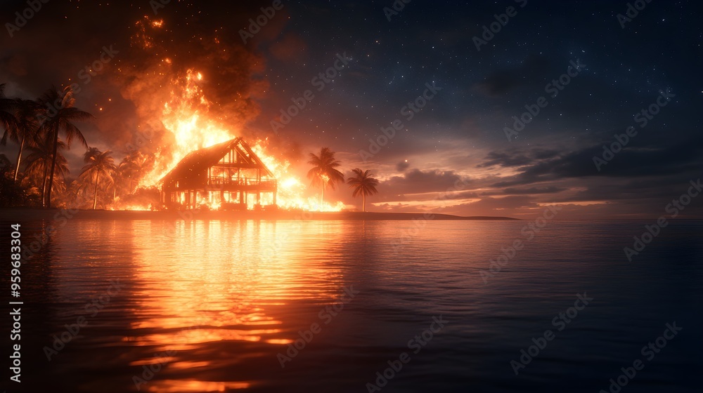 A beach house in flames under a starry night, firelight dancing on the water, smoke rising into the dark sky, detailed realism, wide angle, fire at night theme, high resolution A beach house in flames under a starry night, firelight dancing on the water, smoke rising into the dark sky, detailed realism, wide angle, fire at night theme, high resolution