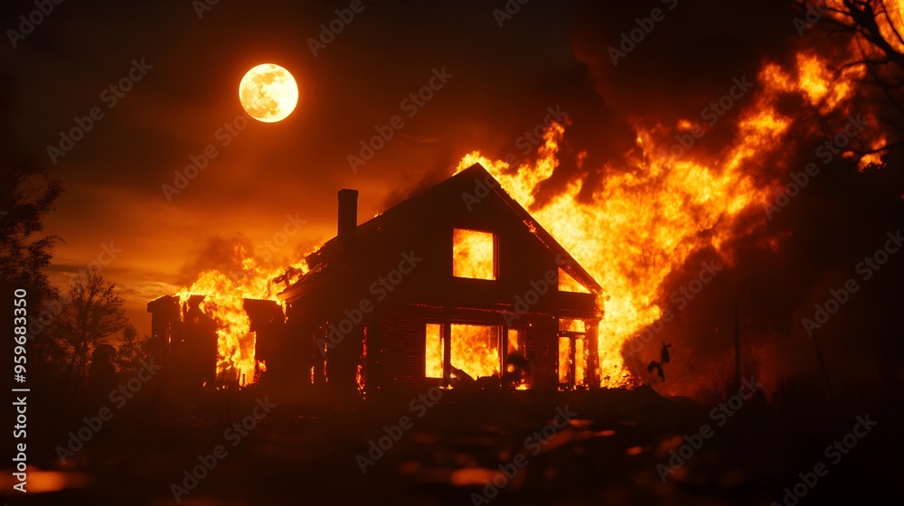 A blazing house framed by a smoky sky with a glowing moon, creating a dramatic insurance scene, low light, photorealism, intense atmosphere A blazing house framed by a smoky sky with a glowing moon, creating a dramatic insurance scene, low light, photorealism, intense atmosphere