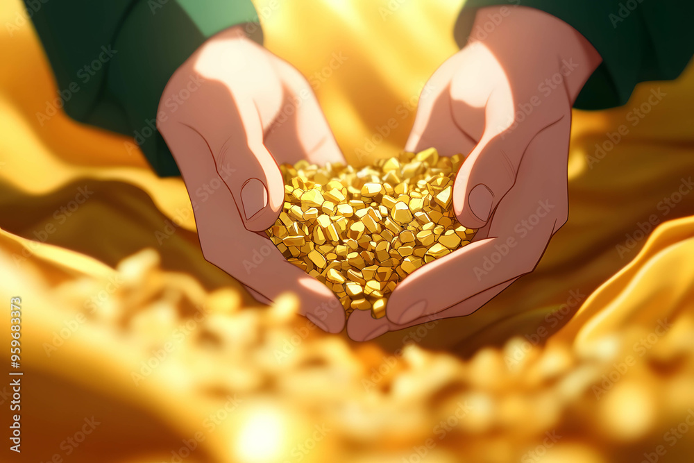 Obraz premium A person is holding a bunch of gold. The gold is shiny and heavy. The discovery and increasing demand for gold.