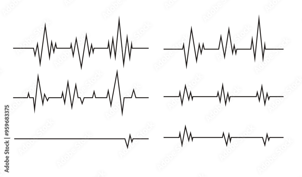 Heartbeat line. Pulse cardiogram Icons of heart beat. Ecg Electrocardiogram with healthy rhythm, cardio attack, ischemia, infarction. Symbol for cardiac Heartbeat line. Pulse cardiogram Icons of heart beat. Ecg Electrocardiogram with healthy rhythm, cardio attack, ischemia, infarction. Symbol for cardiac