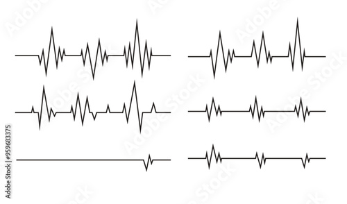 Heartbeat line. Pulse cardiogram Icons of heart beat. Ecg Electrocardiogram with healthy rhythm, cardio attack, ischemia, infarction. Symbol for cardiac