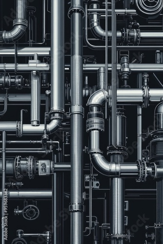 Line art illustration featuring a variety of pipe configurations Industrial design with an included clipping path