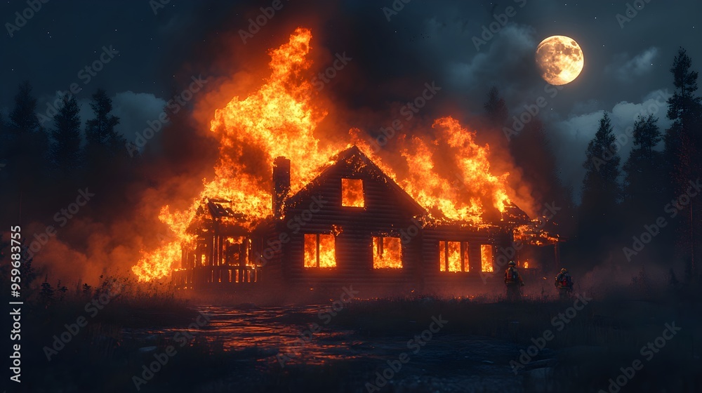 A blazing inferno overtakes a remote cabin at night, firefighters struggle to control the fire, thick smoke rising against the moonlit sky, Insurance Scene, Realism, High Detail A blazing inferno overtakes a remote cabin at night, firefighters struggle to control the fire, thick smoke rising against the moonlit sky, Insurance Scene, Realism, High Detail