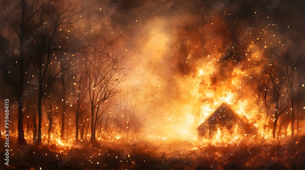 A burning forest at night, flames creeping towards a house, with smoke-filled skies and glowing embers, intense heat and peril in the scene, Surrealism, Dark tones, Watercolor A burning forest at night, flames creeping towards a house, with smoke-filled skies and glowing embers, intense heat and peril in the scene, Surrealism, Dark tones, Watercolor