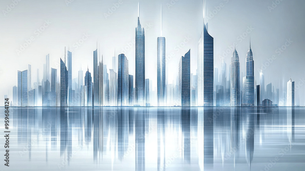 A city skyline is reflected in the water. The buildings are tall and modern, with a futuristic feel. The city appears to be lit up at night, giving it a vibrant and energetic atmosphere A city skyline is reflected in the water. The buildings are tall and modern, with a futuristic feel. The city appears to be lit up at night, giving it a vibrant and energetic atmosphere