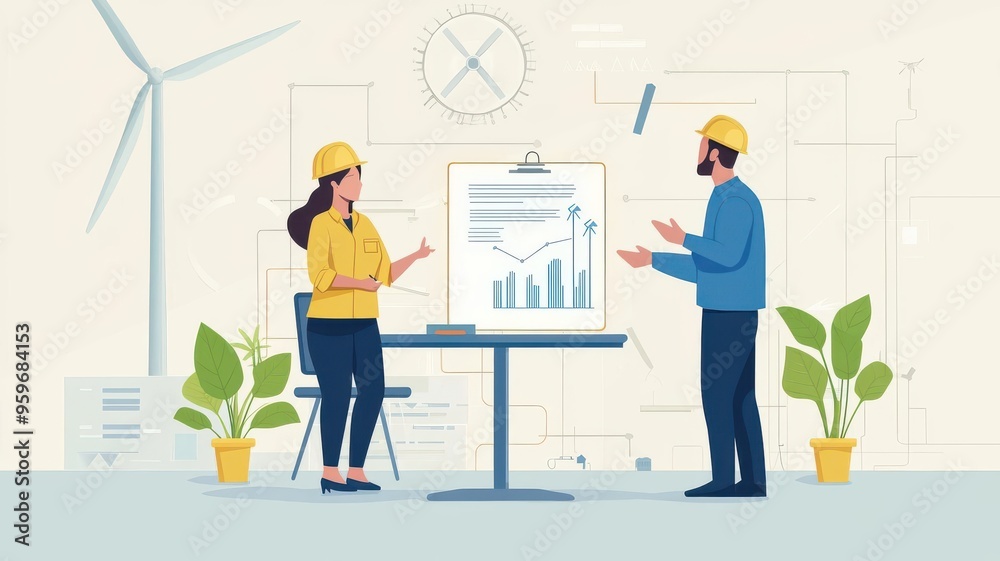 Engineers discussing wind energy strategies in an office, flat vector style, modern palette Engineers discussing wind energy strategies in an office, flat vector style, modern palette