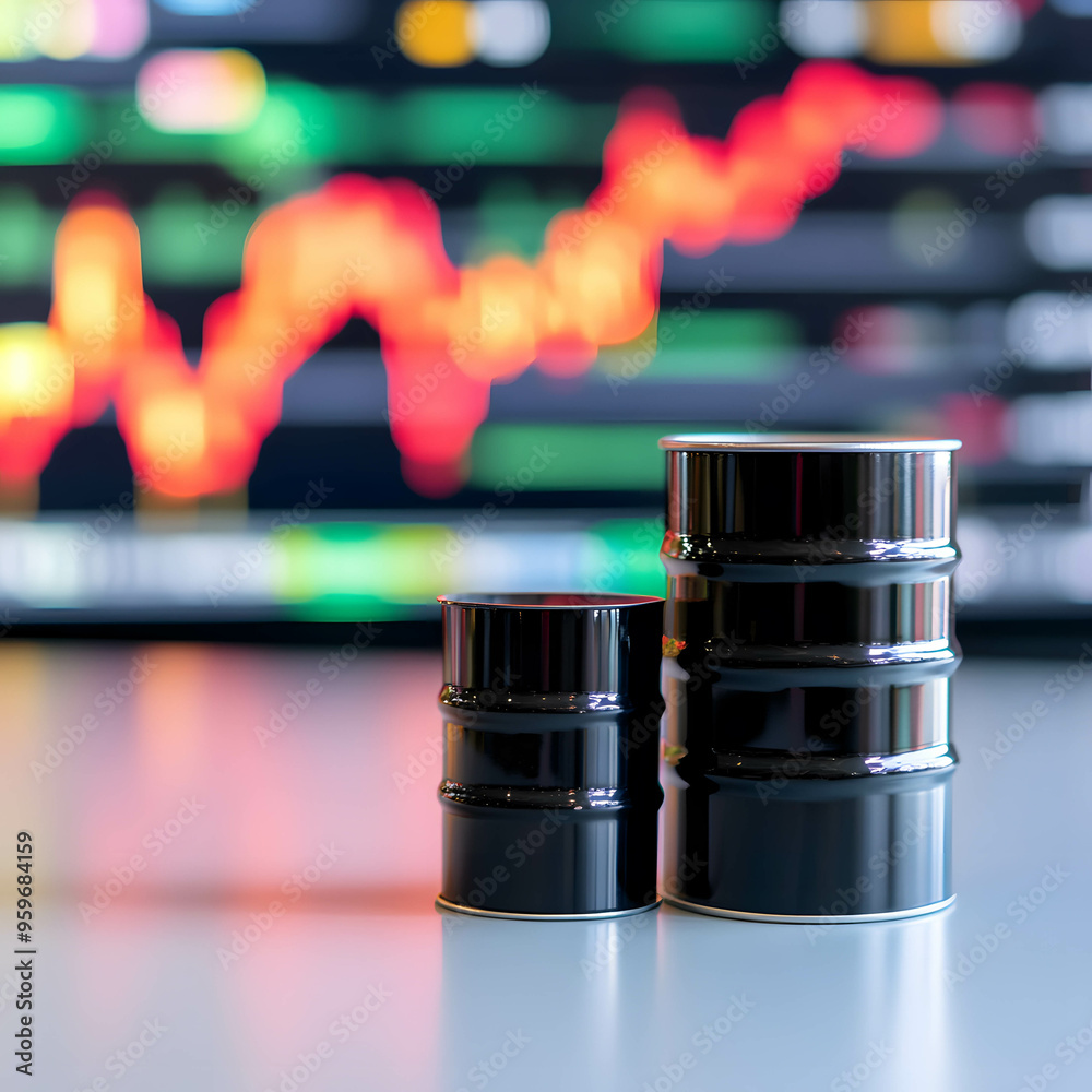 Oil Trading and Exchange in the World Market. The increase in oil prices and demand. black oil barrel and stock chart background. Oil Trading and Exchange in the World Market. The increase in oil prices and demand. black oil barrel and stock chart background.