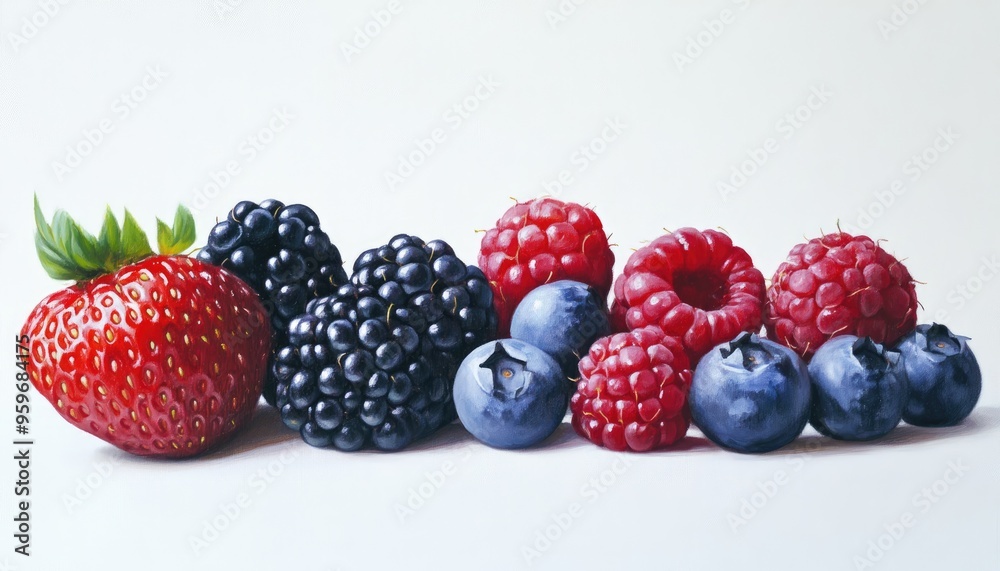 Oil painting showcasing a variety of vibrant fresh berries against a plain white background Oil painting showcasing a variety of vibrant fresh berries against a plain white background
