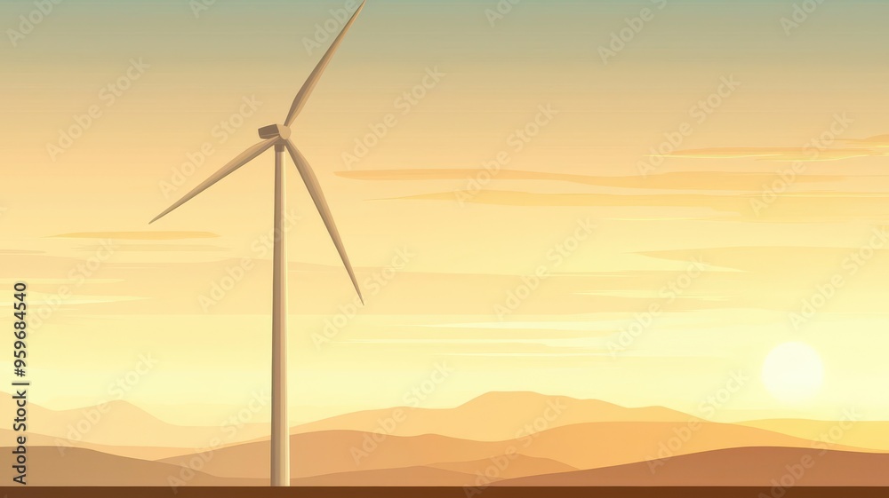 Obraz premium Technician climbing a wind turbine tower at sunrise, flat vector style, warm tones
