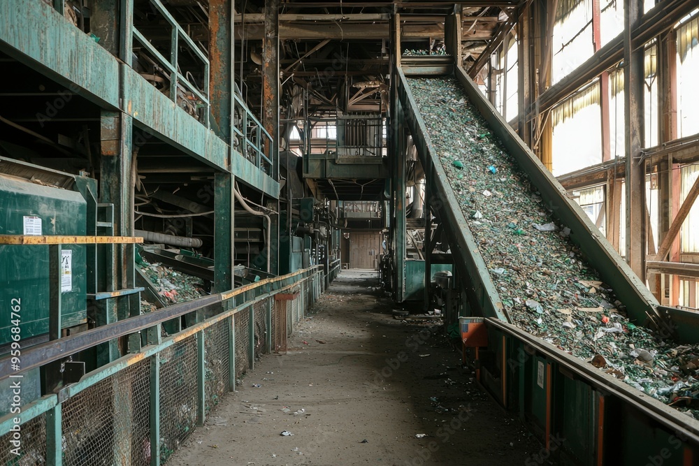 Abandoned Industrial Building With Conveyor Belt Filled With Crushed Glass Abandoned Industrial Building With Conveyor Belt Filled With Crushed Glass