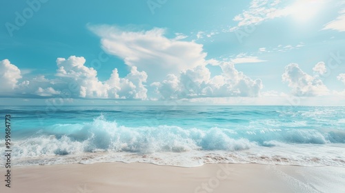 Beautiful tropical empty beach sea ocean with white cloud on blue sky background