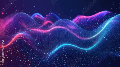 Line art illustration of futuristic data stream technology Neon waves and 3D data visualization on an abstract dark blue background showcasing industry cyber complexity