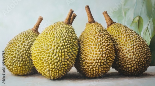 Oil painting of mon thong durian known as the king of fruits displayed on a white background featuring a close up view photo