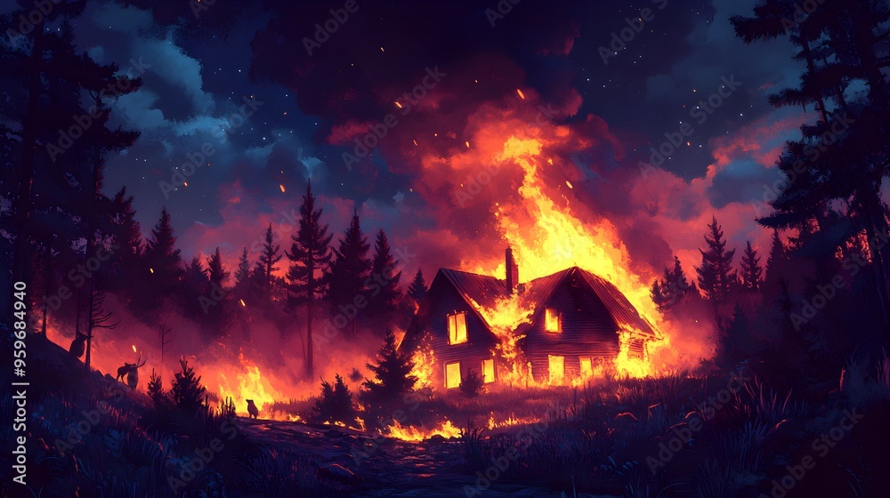 A burning house in a secluded forest at night, fire illuminating the landscape, animals in distress fleeing the scene, realistic portrayal for insurance claims A burning house in a secluded forest at night, fire illuminating the landscape, animals in distress fleeing the scene, realistic portrayal for insurance claims