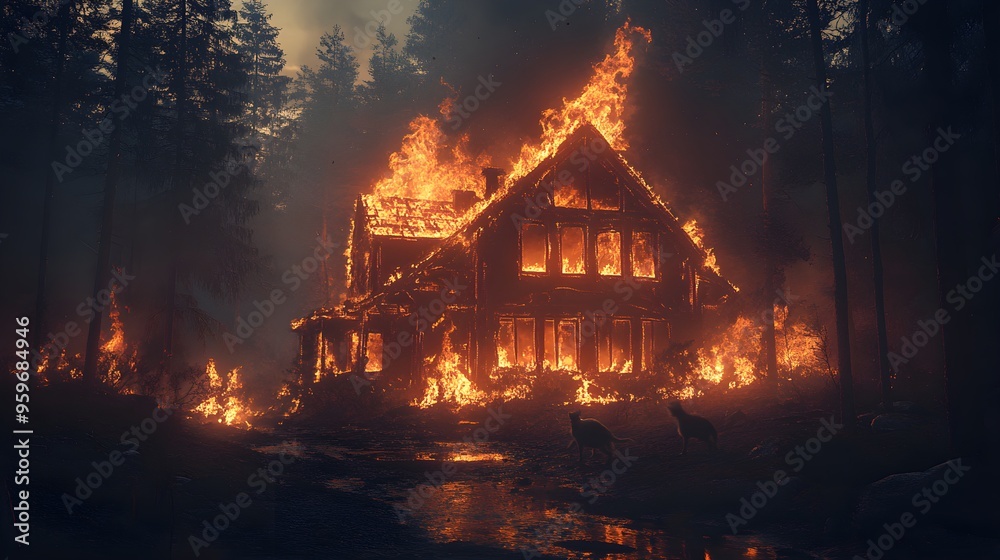 A burning house in a secluded forest at night, fire illuminating the landscape, animals in distress fleeing the scene, realistic portrayal for insurance claims A burning house in a secluded forest at night, fire illuminating the landscape, animals in distress fleeing the scene, realistic portrayal for insurance claims