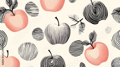 Line art illustration featuring a pattern of apples spirals stripes and ellipses with dashed lines Hand drawn design photo