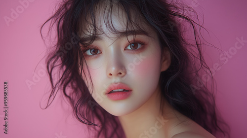 Korean woman with wavy hair poses against a vibrant pink background, showcasing natural beauty and soft makeup in a light and airy atmosphere