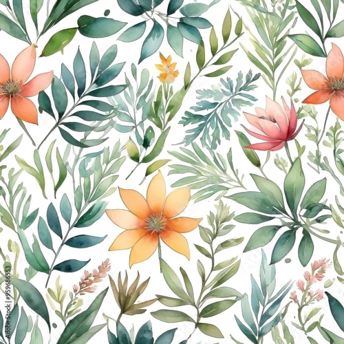 seamless Watercolor Pattern using botanical elements.