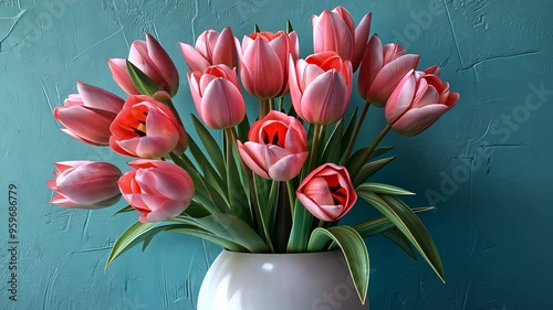 Pink tulips in a white vase against a textured teal wall, floral arrangement concept
