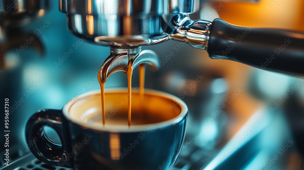 Barista extracting espresso while pouring into a dark ceramic cup on a bright morning at a busy café Barista extracting espresso while pouring into a dark ceramic cup on a bright morning at a busy café