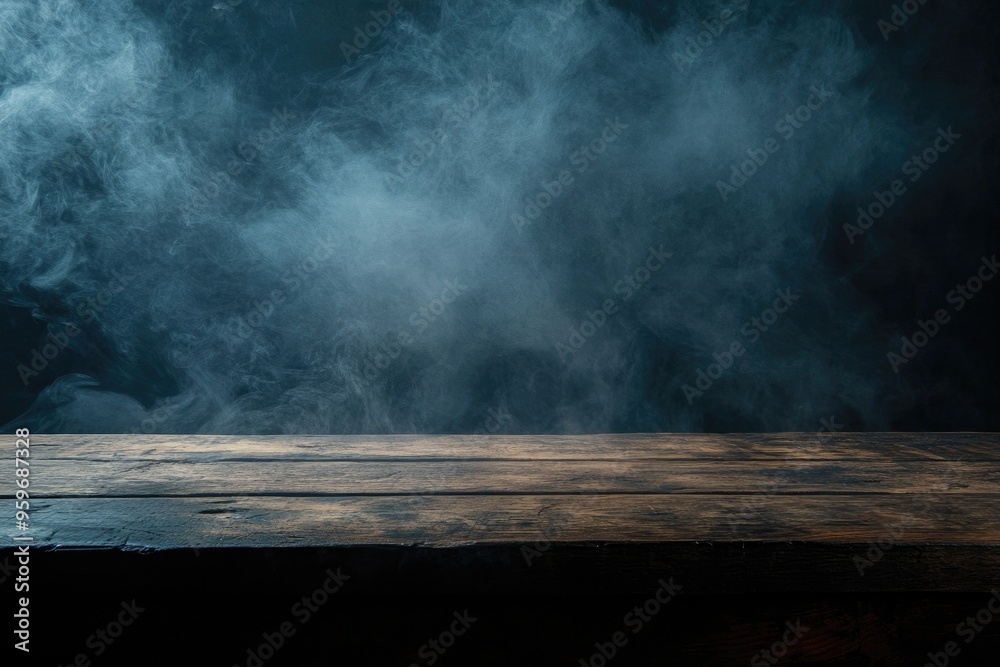 Enigmatic Wooden Surface with Azure Mist: Dark Backdrop for Dynamic Product Showcase, Atmospheric Studio Environment with Ethereal Blue Smoke, Dramatic Scene for Luxury or Mystical Merchandise Enigmatic Wooden Surface with Azure Mist: Dark Backdrop for Dynamic Product Showcase, Atmospheric Studio Environment with Ethereal Blue Smoke, Dramatic Scene for Luxury or Mystical Merchandise
