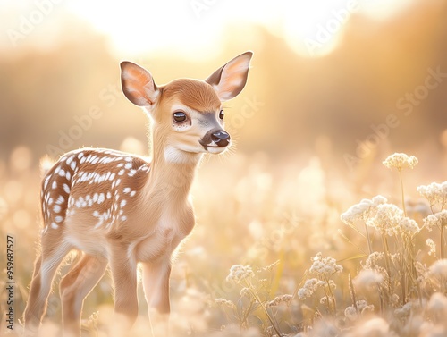 A charming fawn stands gracefully in a sunlit meadow filled with wildflowers, capturing the essence of wildlife and tranquility.