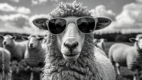 Sheep wearing sunglasses in a field with other sheep, humorous concept