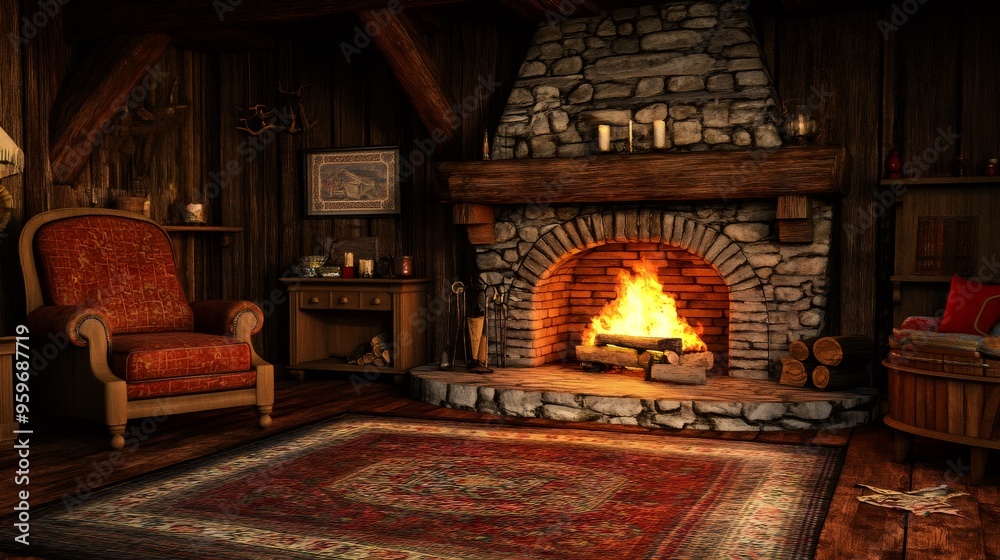 Cozy rustic living room with fireplace, armchair, and a rug. Cozy rustic living room with fireplace, armchair, and a rug.