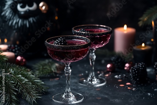 Two glasses of blackberry champagne cocktail with a pink sugar rim, pine branches, and small white berries on the table