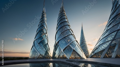 Twisting spires of glass. Towering glass structures twist and spiral toward sky, reflecting light in dazzling patterns, creating surreal futuristic landscape. Realistic style. photo