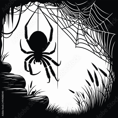 Silhouette of a Spider Hanging on its Web in a Dark Cave