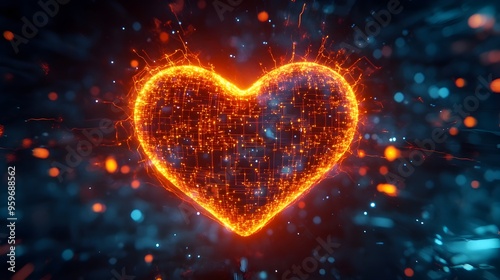 Fiery Glowing Heart with Sparks and Energy Bursts