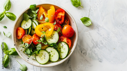 Colorful Vegetable Salad Bowl on White Surface with Natural Lighting, Healthy Eating Concept